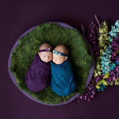 Newborn Twin Girls with Teal and Purple Flower Baby Setup in Gainesville Florida